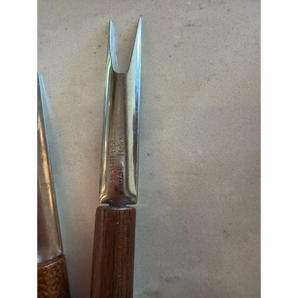 Vintage Mid-Century DAL USA Stainless Steel Cocktail Appetizer Forks with Wood H